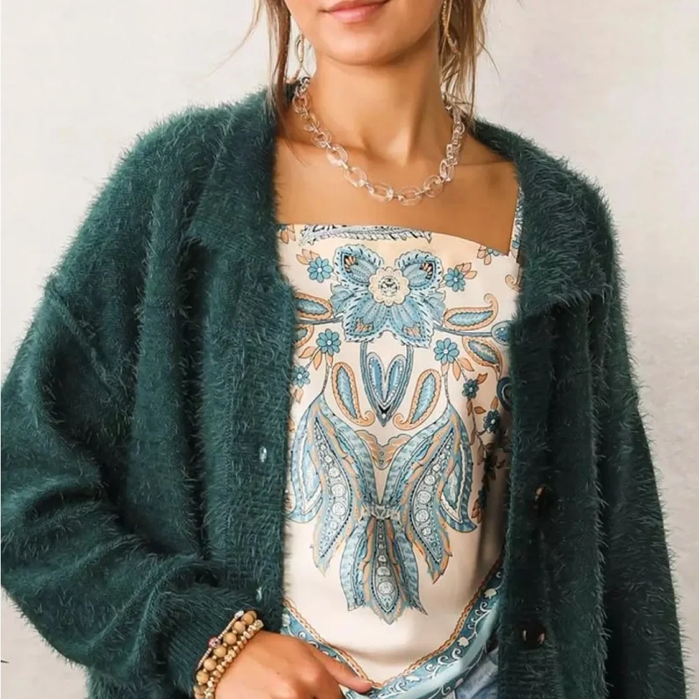 Willow &‎ Root Green eyelash knit cardigan sweater size small